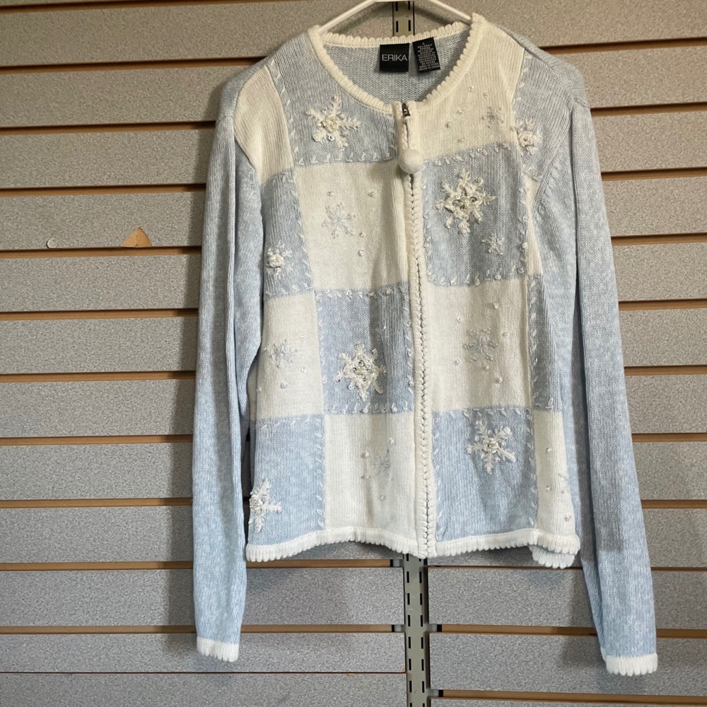 Erika Snowflake Embellished Cardigan Sweater Blue White Knit Winter L